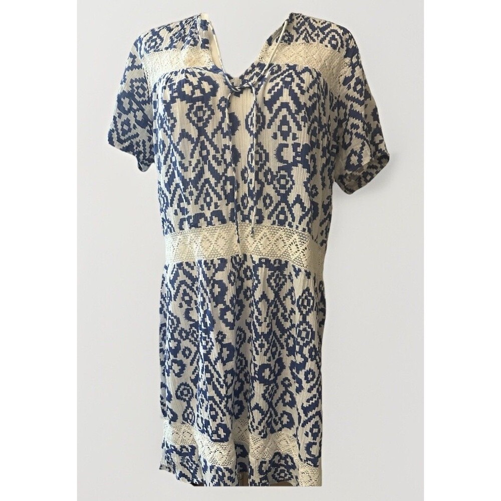 Aspiga Dress S Blue White Ikat Organic Cotton Beach Dress V-Neck